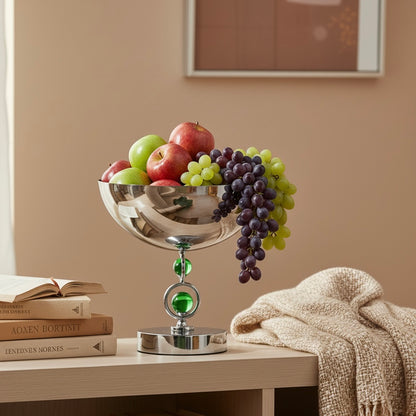 Mawaeen Premium Fruit Bowl – Stainless Steel Base with Green Crystal Accents (L)