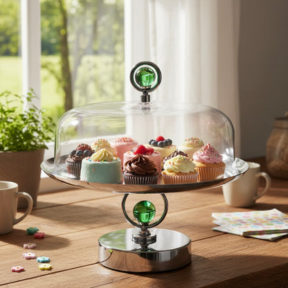 Mawaeen Metal Cake Stand with Cover & Green Crystal Accent – Silver