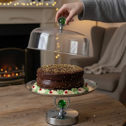 Mawaeen Metal Cake Stand with Cover & Green Crystal Accent – Silver