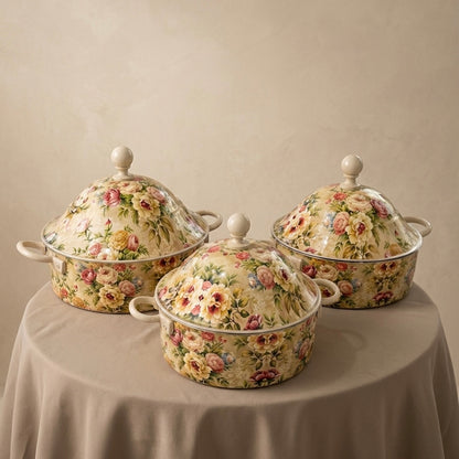 Floral Food Warmer Set  Cream – 3 Pieces (2.5L, 3.5L, 5.5L) - Mawaeen