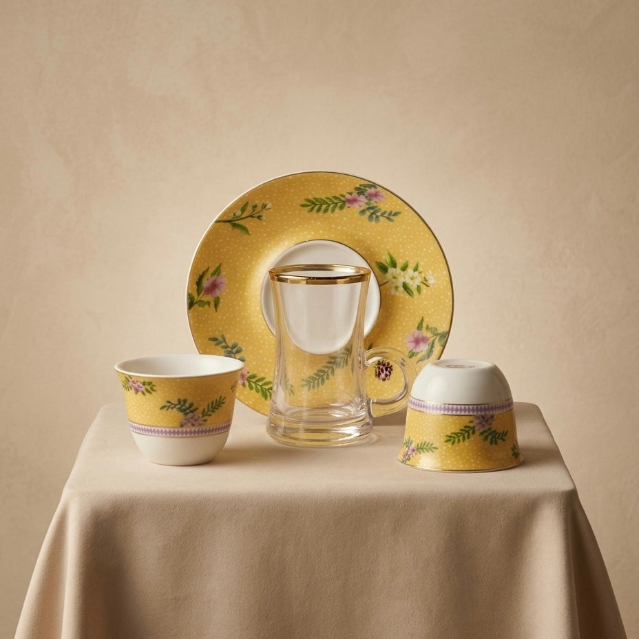 Premium 18-Piece Tea and Coffee Set - Yellow - Mawaeen