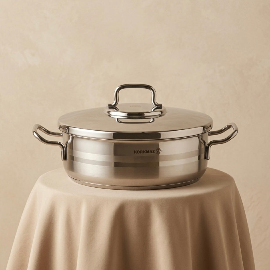 Korkmaz Stainless Steel Casserole 26×8.5 cm with Lid - Mawaeen