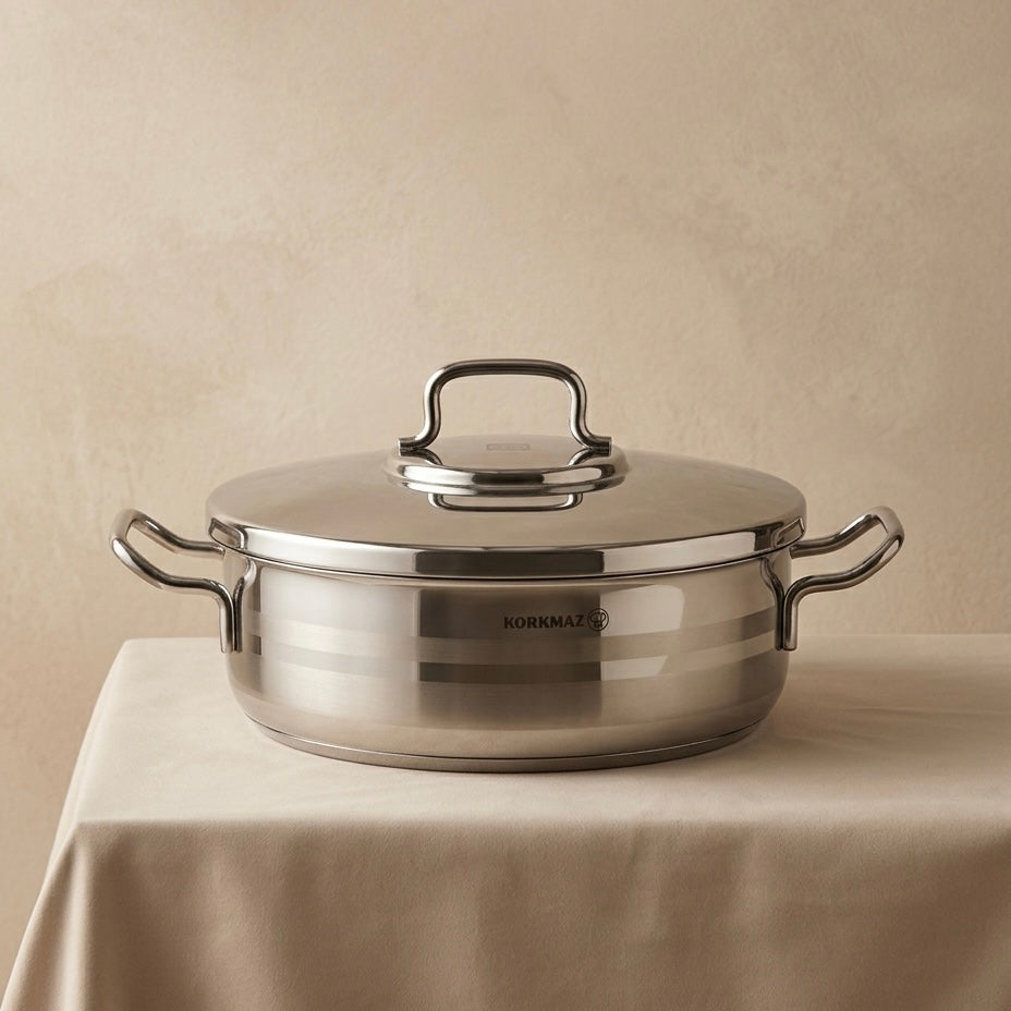 Korkmaz Stainless Steel Casserole 28×8 cm with Lid - Mawaeen