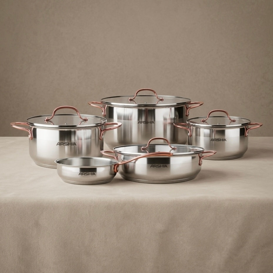 Arshia 9-Piece Stainless Steel Cookware Set with Copper Handle - Mawaeen