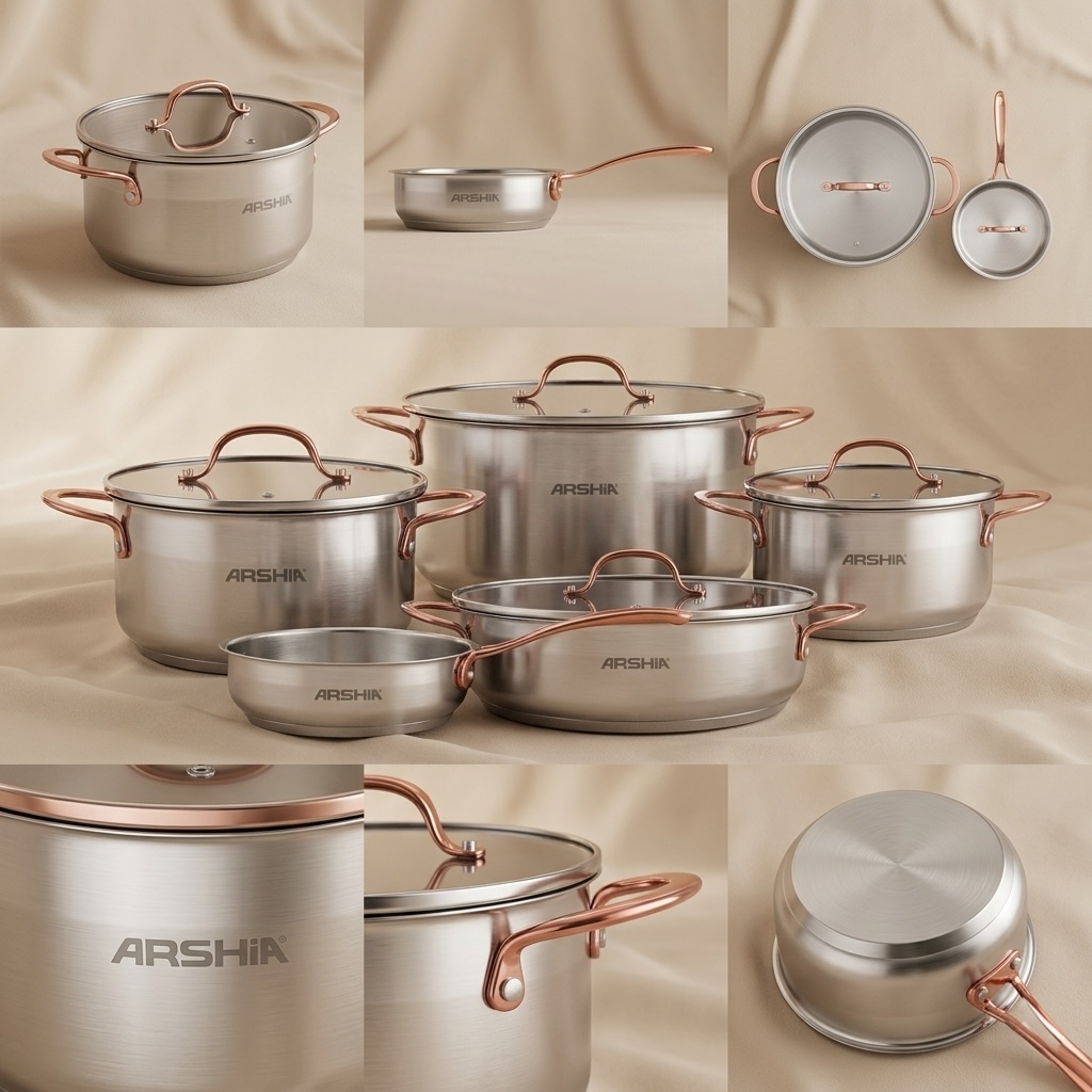 Arshia 9-Piece Stainless Steel Cookware Set with Copper Handle - Mawaeen