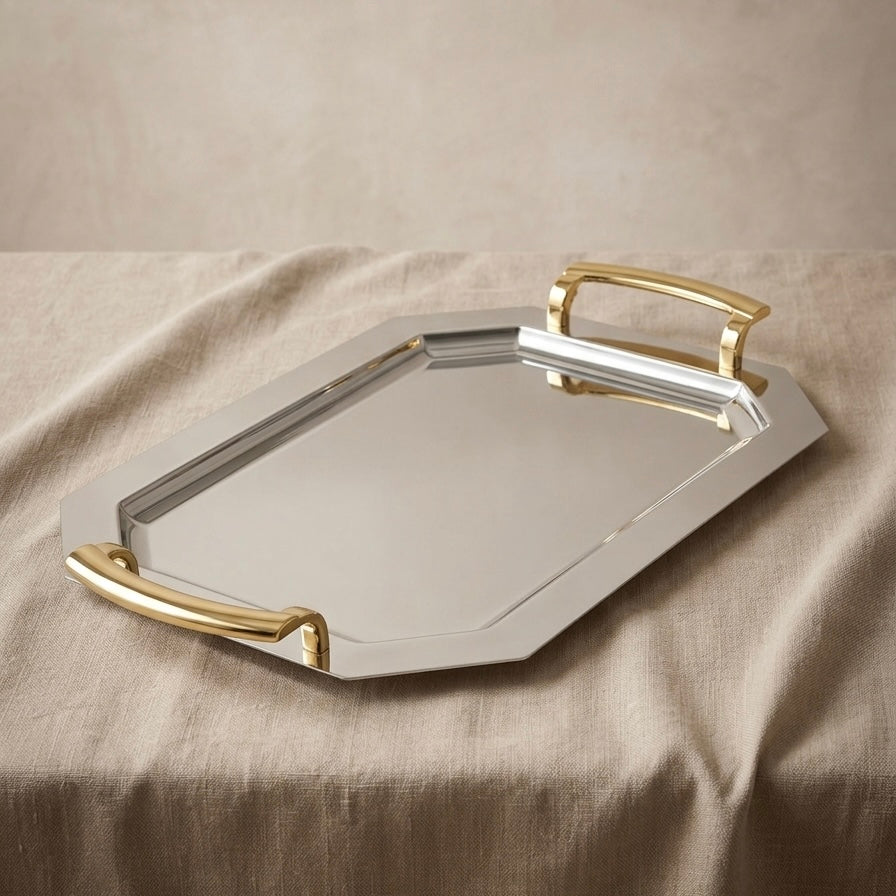 Silver Stainless Steel Serving Tray with Gold Handles – (L) - Mawaeen