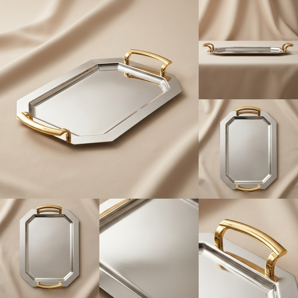 Silver Stainless Steel Serving Tray with Gold Handles – (L) - Mawaeen