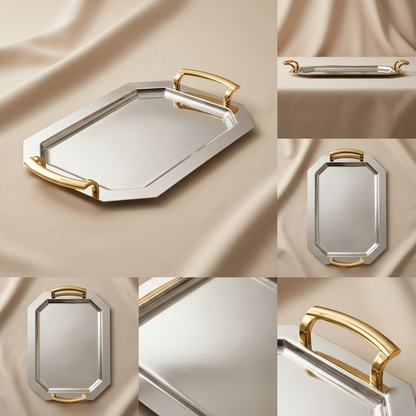Silver Stainless Steel Serving Tray with Gold Handles – (L) - Mawaeen