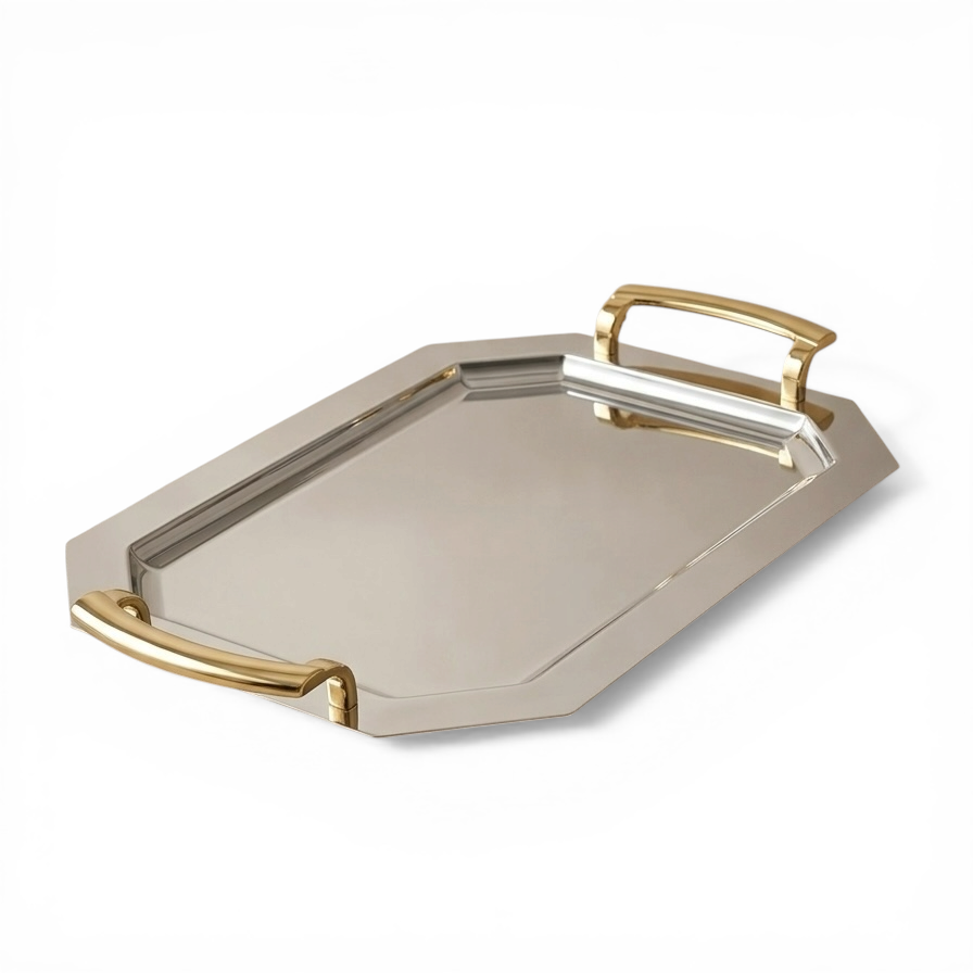 Silver Stainless Steel Serving Tray with Gold Handles – (L) - Mawaeen