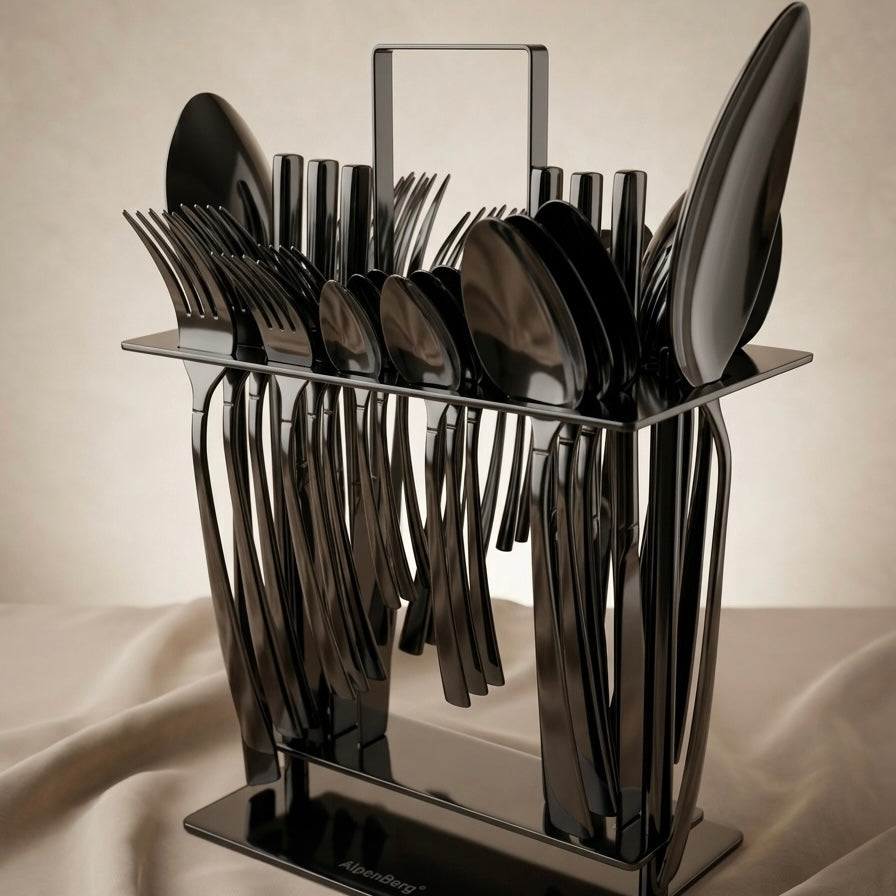 AlpenBerg Black Stainless Steel Cutlery Set with Stand - Mawaeen