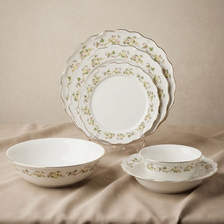 Elegant 26-Piece Porcelain Dinnerware Set – Floral Design with Gold Rim - Mawaeen
