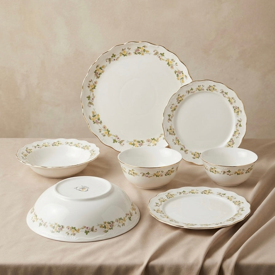 Elegant 26-Piece Porcelain Dinnerware Set – Floral Design with Gold Rim - Mawaeen