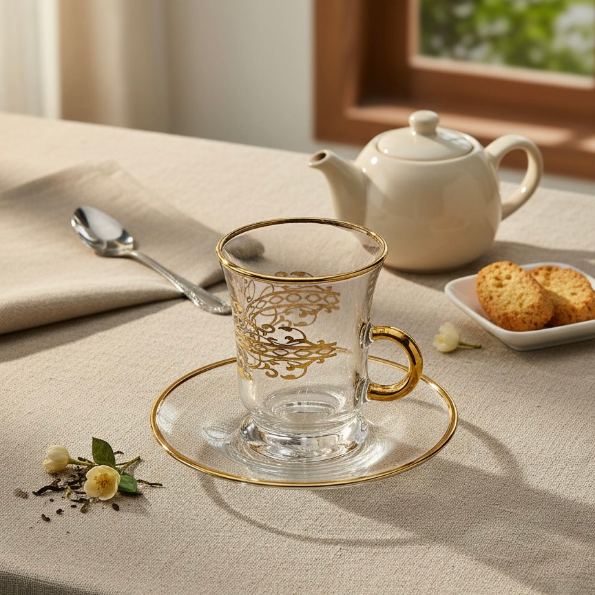 Tea Istikan Set – 6 Pieces with Plates Gold - (130cc, Turkish Made) - Mawaeen