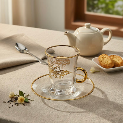 Tea Istikan Set – 6 Pieces with Plates Gold - (130cc, Turkish Made) - Mawaeen