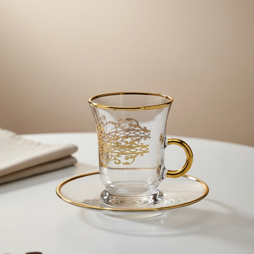 Tea Istikan Set – 6 Pieces with Plates Gold - (130cc, Turkish Made) - Mawaeen