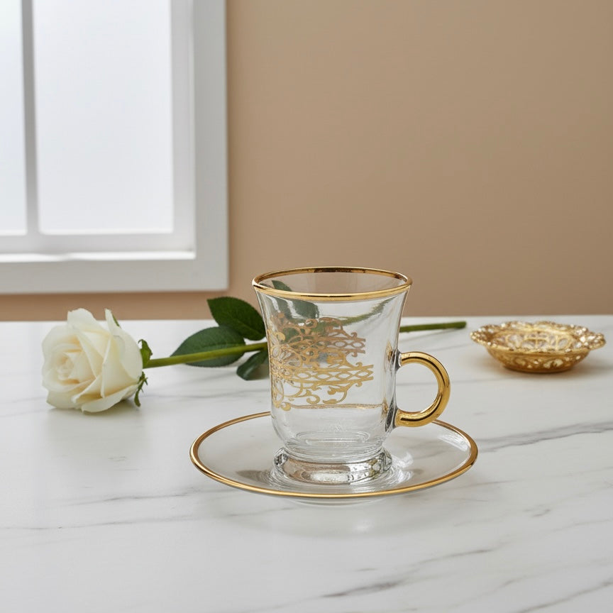 Tea Istikan Set – 6 Pieces with Plates Gold - (130cc, Turkish Made) - Mawaeen