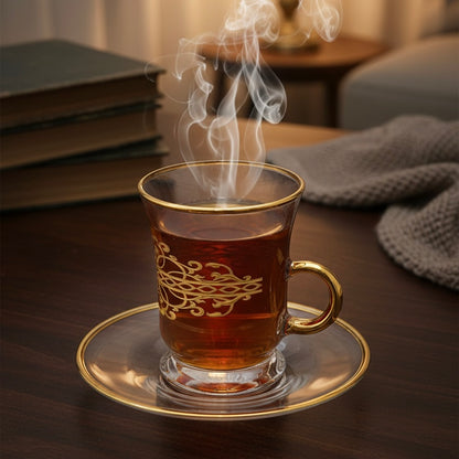 Tea Istikan Set – 6 Pieces with Plates Gold - (130cc, Turkish Made) - Mawaeen