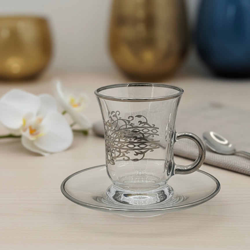 Tea Istikan Set – 6 Pieces with Plates Silver - (130cc, Turkish Made) - Mawaeen