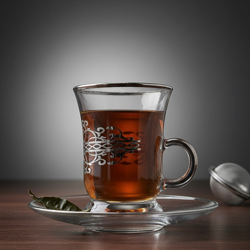 Tea Istikan Set – 6 Pieces with Plates Silver - (130cc, Turkish Made) - Mawaeen