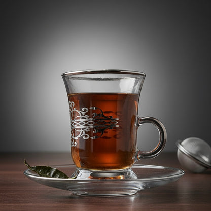Tea Istikan Set – 6 Pieces with Plates Silver - (130cc, Turkish Made) - Mawaeen
