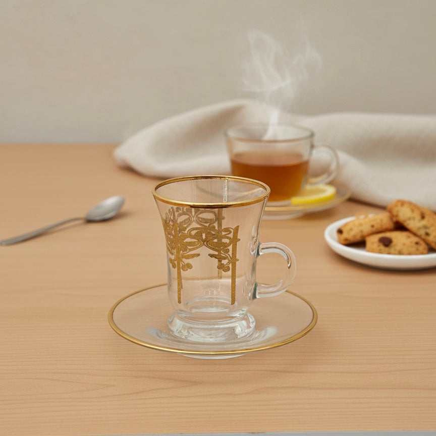 Tea Istikan Set – 6 Pieces with Plates Gold - (130cc, Turkish Made) - Mawaeen