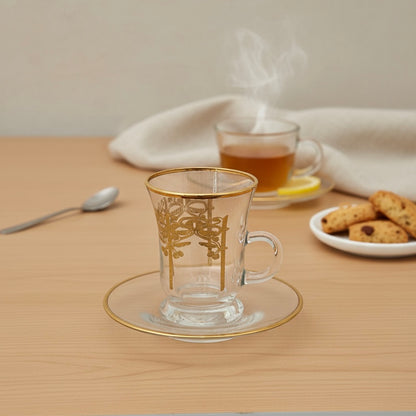 Tea Istikan Set – 6 Pieces with Plates Gold - (130cc, Turkish Made) - Mawaeen