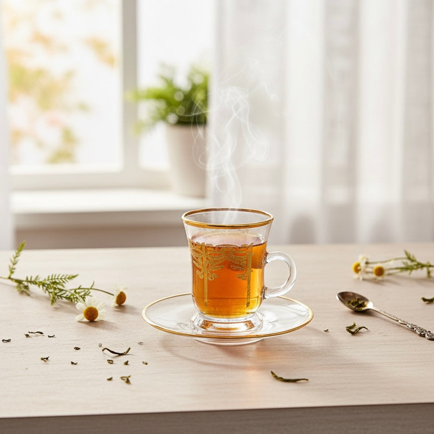 Tea Istikan Set – 6 Pieces with Plates Gold - (130cc, Turkish Made) - Mawaeen
