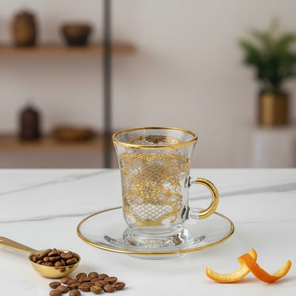 Tea Istikan Set – 6 Pieces with Plates Gold - (130cc, Turkish Made) - Mawaeen