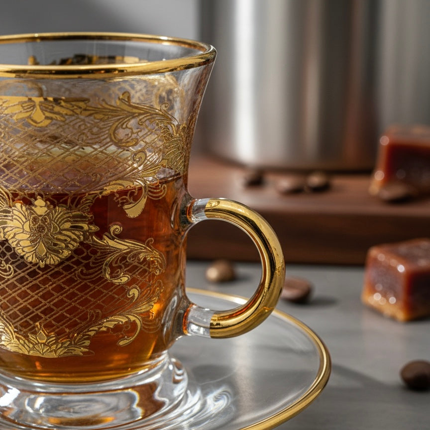 Tea Istikan Set – 6 Pieces with Plates Gold - (130cc, Turkish Made) - Mawaeen