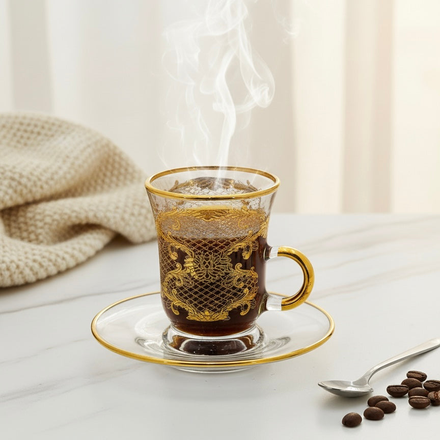 Tea Istikan Set – 6 Pieces with Plates Gold - (130cc, Turkish Made) - Mawaeen