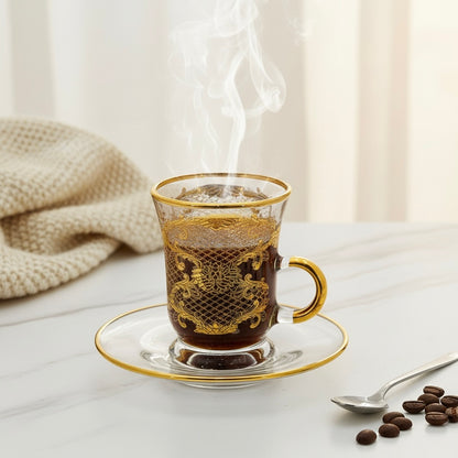 Tea Istikan Set – 6 Pieces with Plates Gold - (130cc, Turkish Made) - Mawaeen