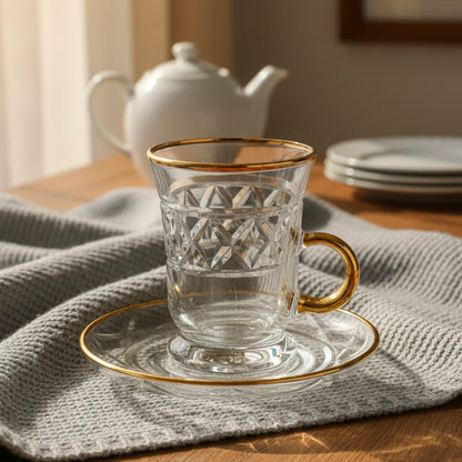 Tea Istikan Set – 6 Pieces with Plates G/Line - (130cc, Turkish Made) - Mawaeen