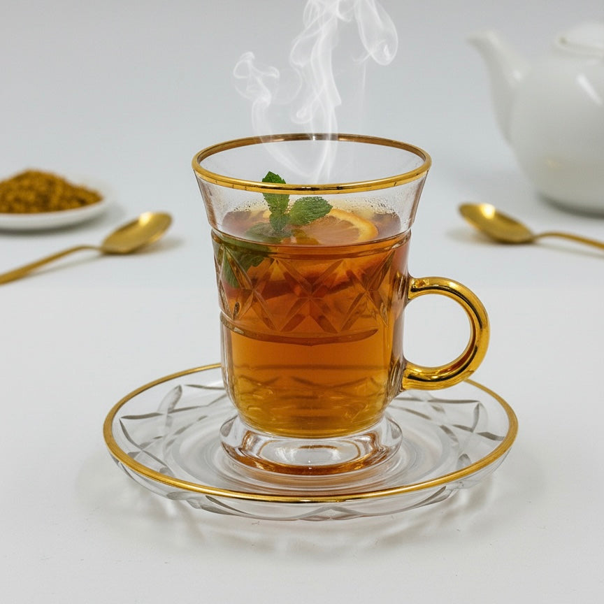 Tea Istikan Set – 6 Pieces with Plates G/Line - (130cc, Turkish Made) - Mawaeen