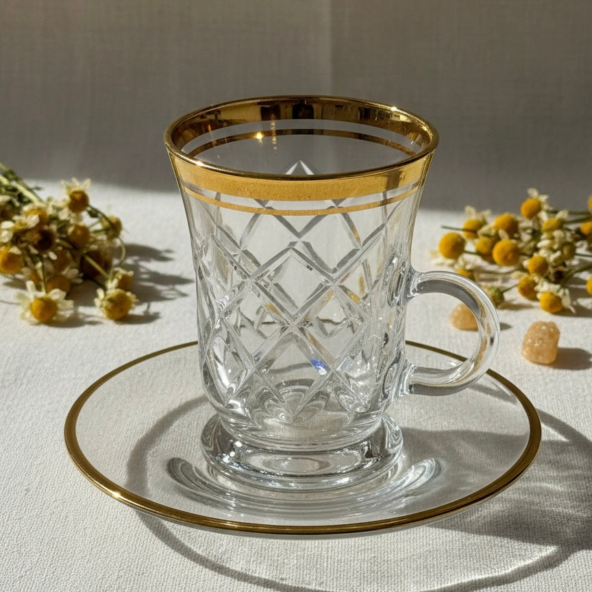 Tea Istikan Set – 6 Pieces with Plates G/Line - (130cc, Turkish Made) - Mawaeen