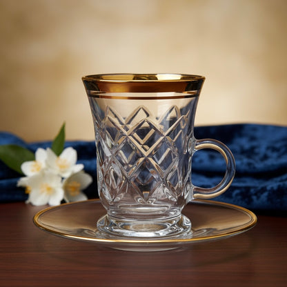 Tea Istikan Set – 6 Pieces with Plates G/Line - (130cc, Turkish Made) - Mawaeen