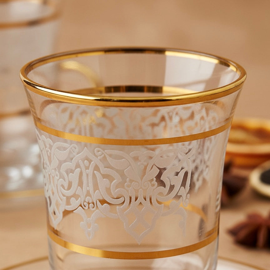 Tea Istikan Set – 6 Pieces with Plates W/Gold - (130cc, Turkish Made)