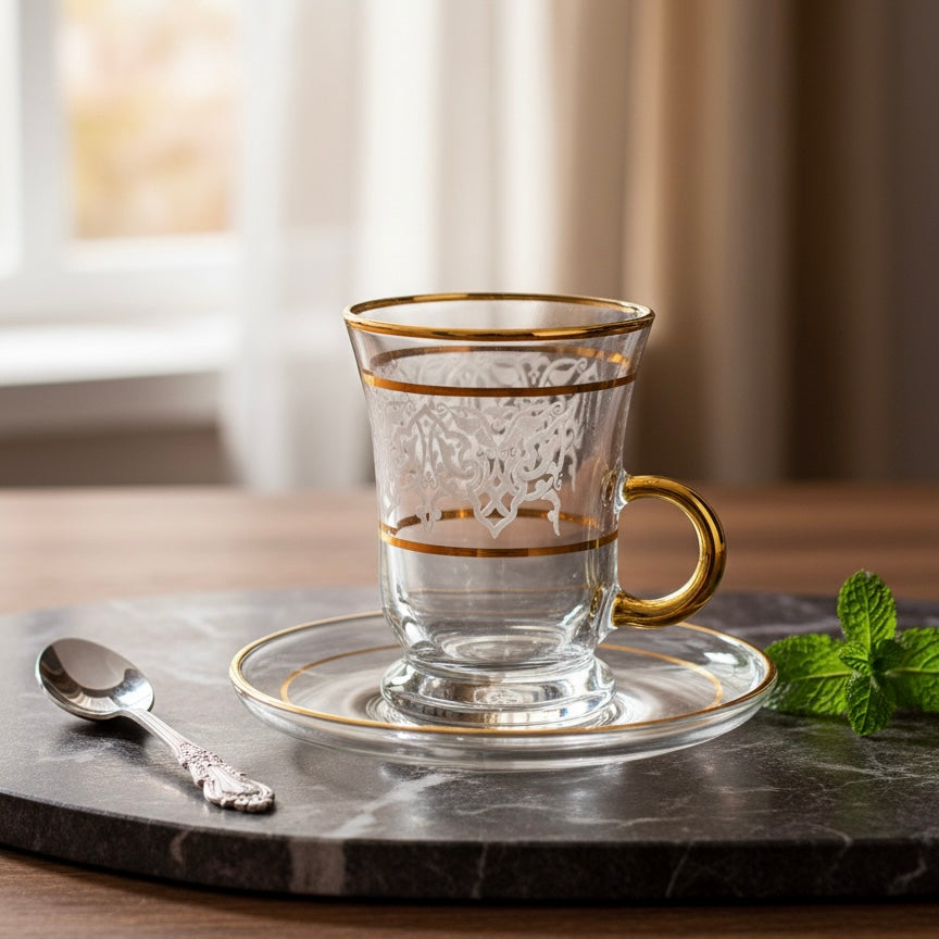 Tea Istikan Set – 6 Pieces with Plates W/Gold - (130cc, Turkish Made)