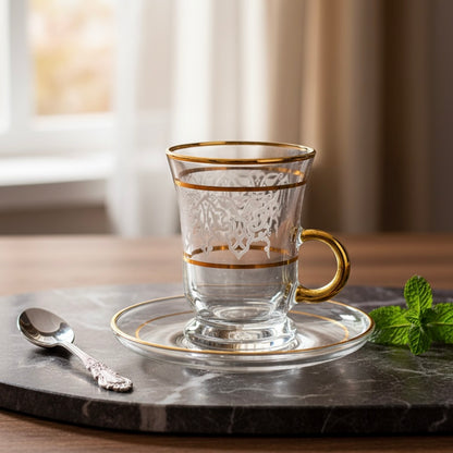 Tea Istikan Set – 6 Pieces with Plates W/Gold - (130cc, Turkish Made)