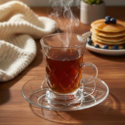 Tea Istikan Set – 6 Pieces with Plates C/Line - (130cc, Turkish Made) - Mawaeen