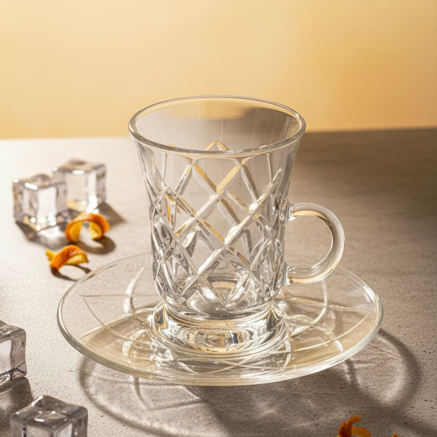 Tea Istikan Set – 6 Pieces with Plates C/Line - (130cc, Turkish Made) - Mawaeen