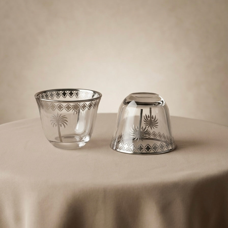 6-Piece Glass Cups Set with Silver Palm Design – Elegant Serving Cups - Mawaeen