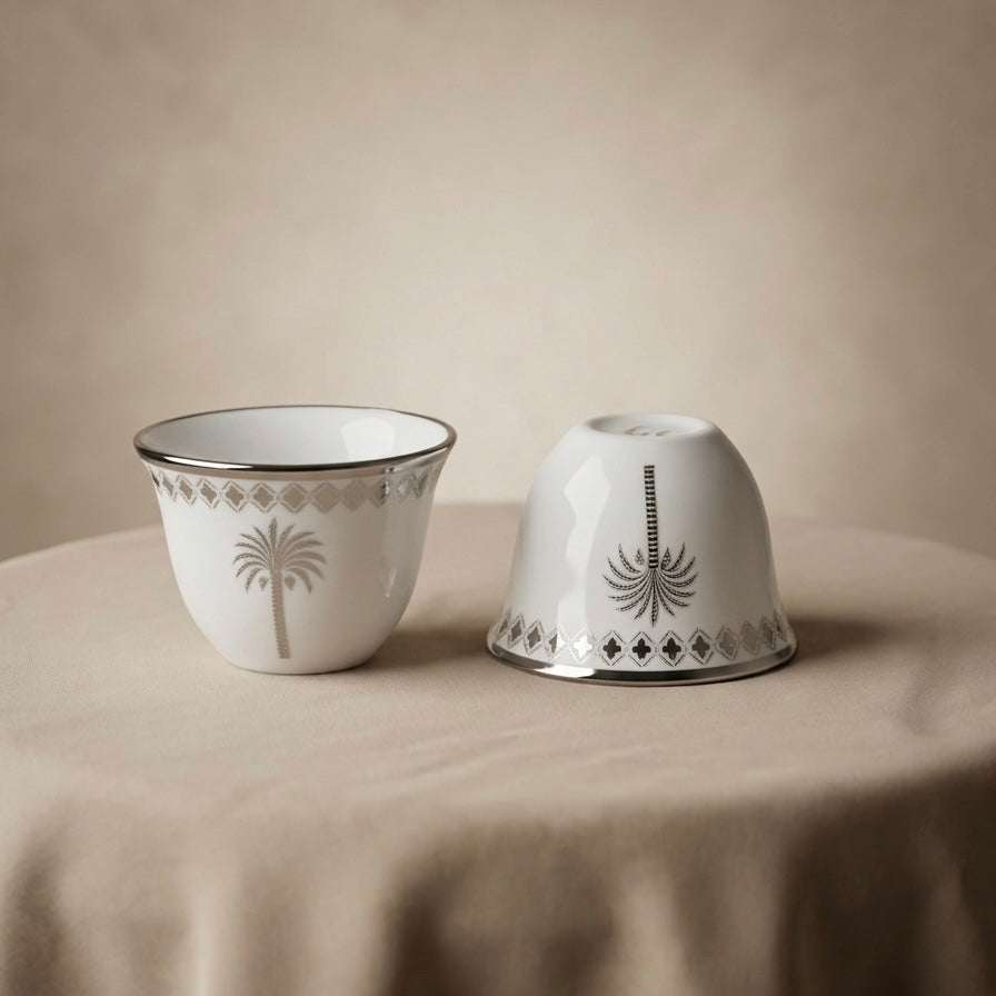 12-Piece Porcelain Cups Set with Silver Palm Design – Classic Luxury Collection - Mawaeen