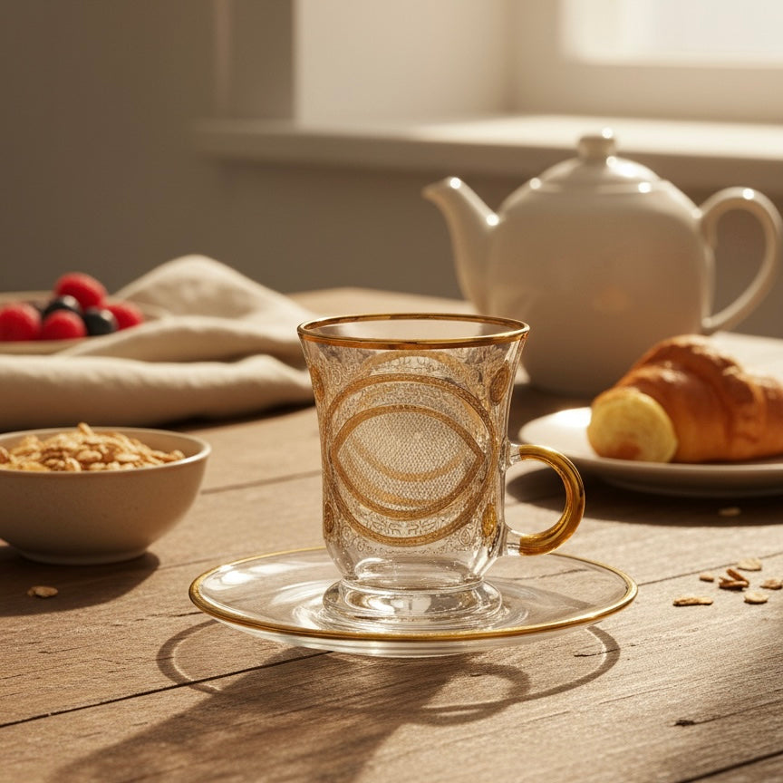 Tea Istikan Set – 6 Pieces with Plates NHGold - (130cc, Turkish Made) - Mawaeen