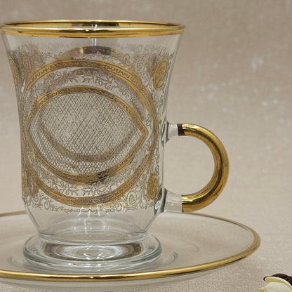 Tea Istikan Set – 6 Pieces with Plates NHGold - (130cc, Turkish Made) - Mawaeen