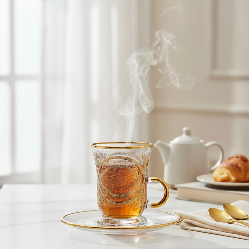 Tea Istikan Set – 6 Pieces with Plates NHGold - (130cc, Turkish Made) - Mawaeen