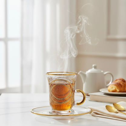 Tea Istikan Set – 6 Pieces with Plates NHGold - (130cc, Turkish Made) - Mawaeen