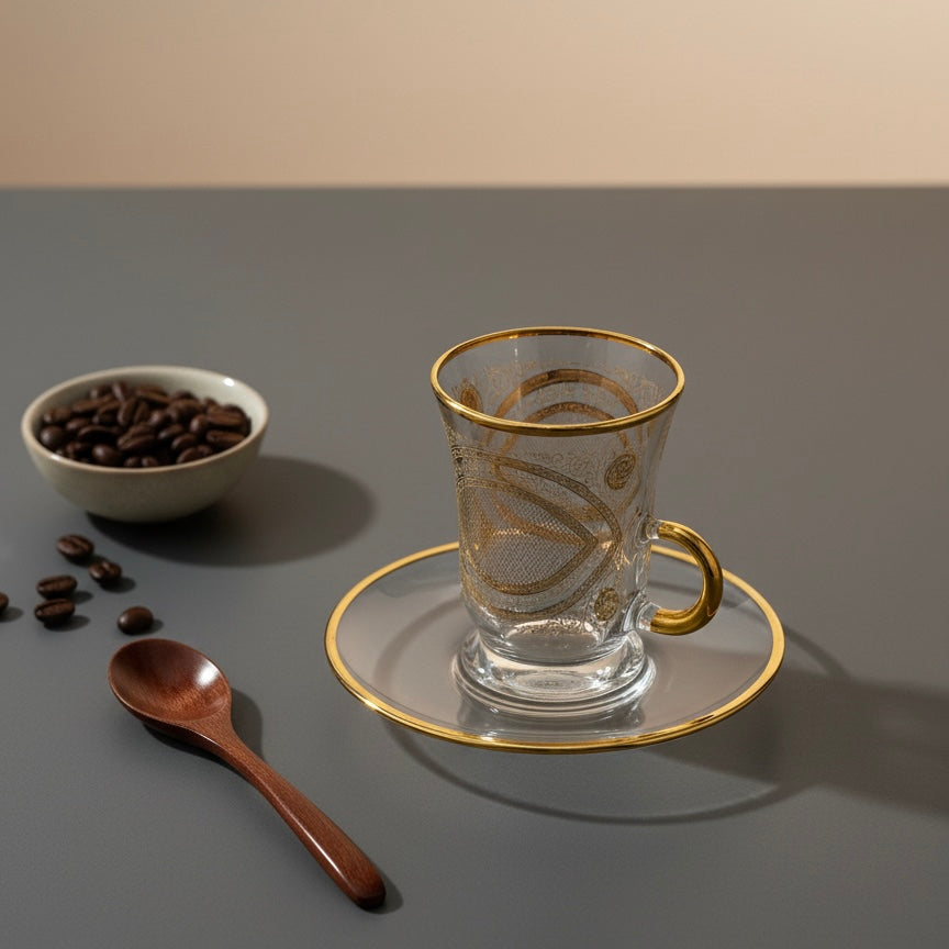 Tea Istikan Set – 6 Pieces with Plates NHGold - (130cc, Turkish Made) - Mawaeen