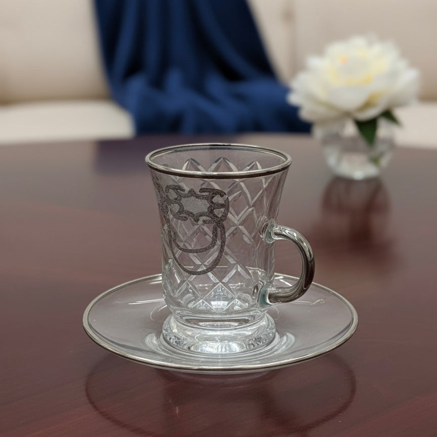 Tea Istikan Set – 6 Pieces with Plates Silver - (130cc, Turkish Made) - Mawaeen