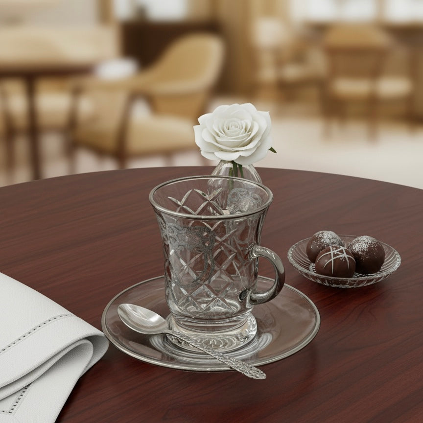 Tea Istikan Set – 6 Pieces with Plates Silver - (130cc, Turkish Made) - Mawaeen