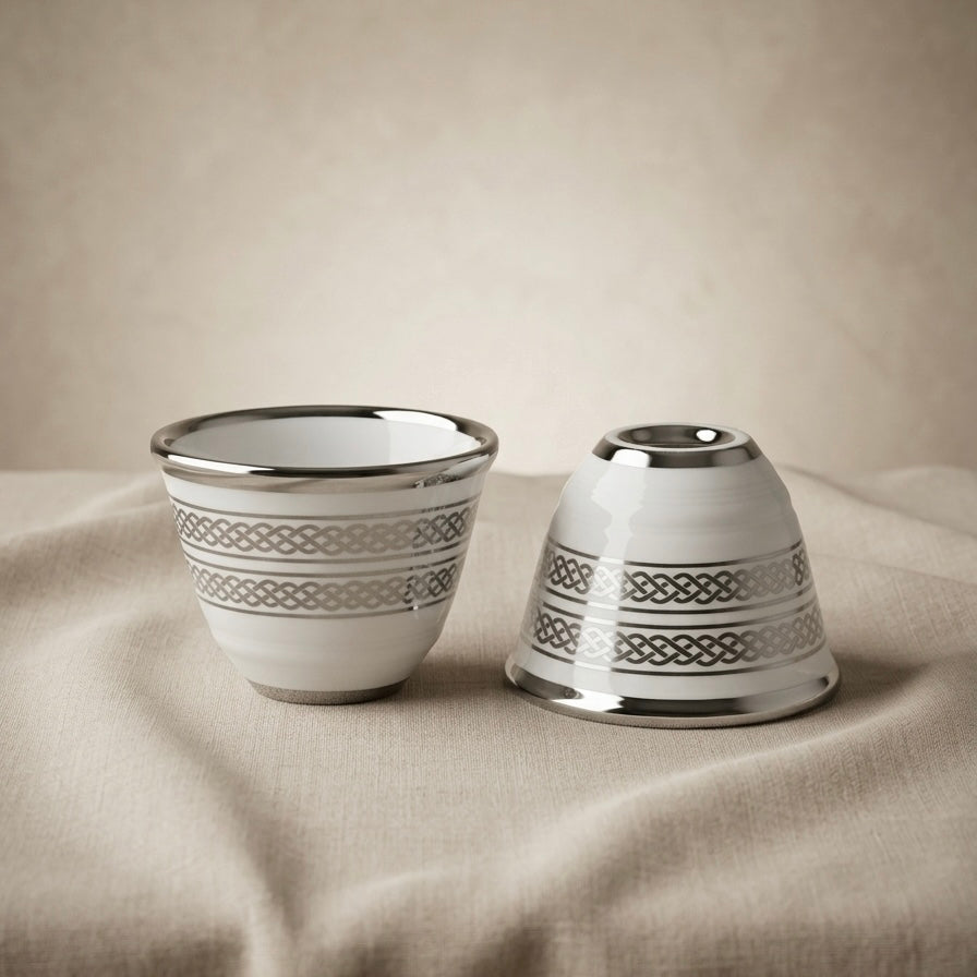 Cawa Cup Set Silver Line – 12-Piece Porcelain Coffee Cups - (120 CC) - Mawaeen
